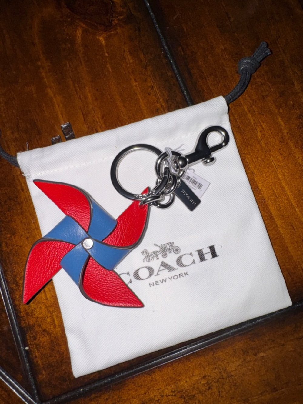 Coach Red and Blue Leather Pinwheel Key Charm with Silver Tone Hardware